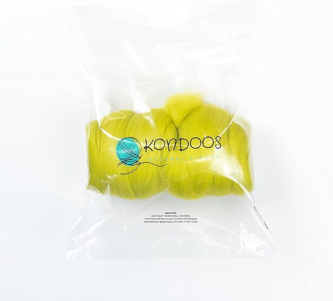 Kondoos Colored Natural Wool roving, 1 lb. Best Wool for Needle Felting, Wet Felting, handcrafts and Spinning. (Green Lime, 1 lb)