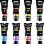 ARTEZA Pastel Acrylic Paint, Set of 8, Metallic Tones, 4.06 fl oz Tubes, High Viscosity Water-Based Paint, Glossy Finish, Art Supplies for Painting Paper, Canvas, Wood and Fabric, and DIY Projects