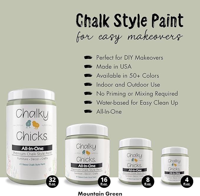 Chalky Chicks 8 Fl Oz Matte Mountain Green (Sage Green) Chalk Paint for Furniture Without Sanding - No Prep Furniture Paint No Sanding All in One for Crafts, Wood, Walls, Cabinet, Metal, Dresser