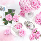Artificial Flowers Foam Fake Roses 25pcs Pink Roses with Stems for Home Decor DIY Wedding Bouquets Party Bridal Shower Centerpieces Faux Flower Arrangements Tables Decorations
