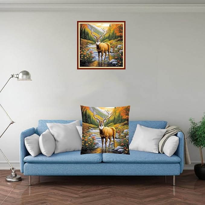 Stamped Cross Stitch Kits for Adults Beginners Pillow Needlepoint Kit with Embroidery Pattern Needlework Kit Prestamped Stitches Kit 11CT Cross Stitching-Lucky Deer 18x18 inch