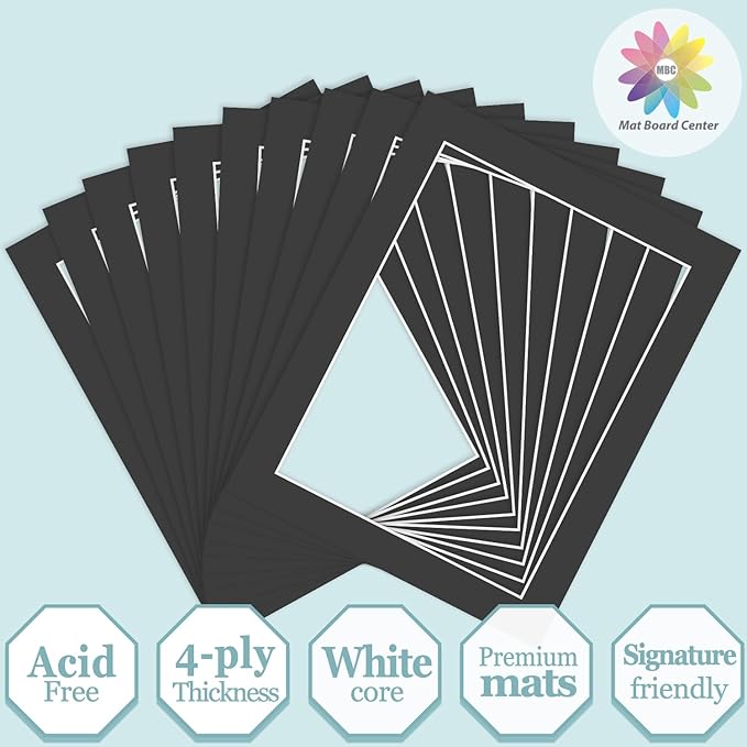 MBC Mat Board Center, 10 Pack 11X14 for 9X12 Black Picture Mats Frame Mattes, Bevel Cut, Acid Free, 4-Ply Thickness