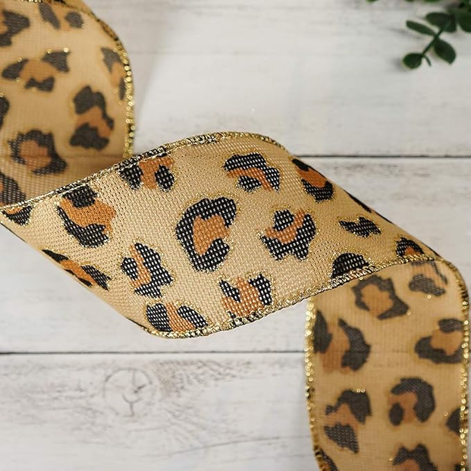 CT CRAFT LLC Burlap Leopard Fabric Wired Ribbon 2.5" x 10 Yards Natural with Black and Bronze Color for Christmas Home Wedding Decor Gift Wrapping Tree Topper Bow Wreath Bouquet DIY Crafts