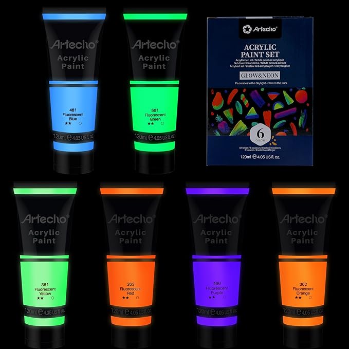 Artecho Glow in the Dark Paint 6 Colors, 120 ml / 4 oz Acrylic Paint for Decoration, Art Painting, Outdoor and Indoor Art Craft, Supplies for Canvas, Rock, Wood, Waterproof Rich Pigments