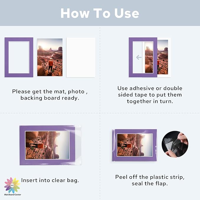 Mat Board Center, Pack of 50, 5x7 for 4x6 Mix Color Mat Kit - Acid Free, 4-ply Thickness, White Core - Includes Backing Boards and Clear Bags - for Pictures, Photos, Framing