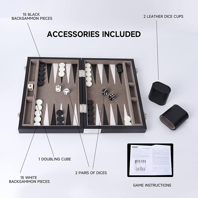 GSE Games & Sports Expert Premium Leather Backgammon Board Game Set, Classic Backgammon Game Set with Leather Case, Travel Folding Board Game (Black&Grey, Small)
