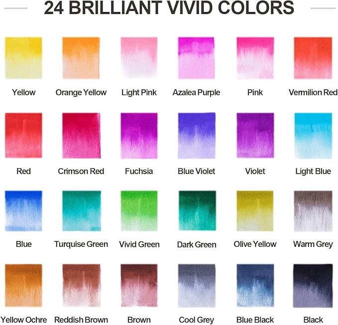 ParKoo Watercolor Brush Pens, 24 Colors Flexible Real Nylon Brush Tip Pens for Watercolor Painting, 1 Blending Brush, Paint Markers for Artists and Beginner Painters Coloring Books, Calligraphy