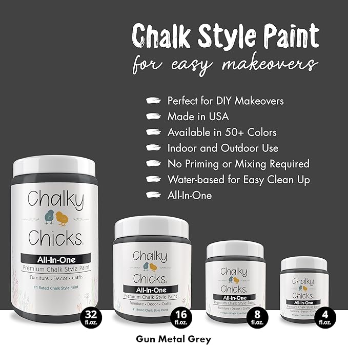 Chalky Chicks All-in-One Chalk Paint for Furniture or Cabinet -8Fl Oz -Matte Finish Gun Metal Gray (Dark Gray) for Metal, Wood Furniture Paint - No Sanding All-in-One for Home Decor & Crafts, USA Made
