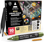 ARTEZA Pastel Liquid Chalk Markers, Set of 16, Tweezers, Labels, Stencils, Erasable, Water Based Pens for Chalkboards, Glass, Windows, and More