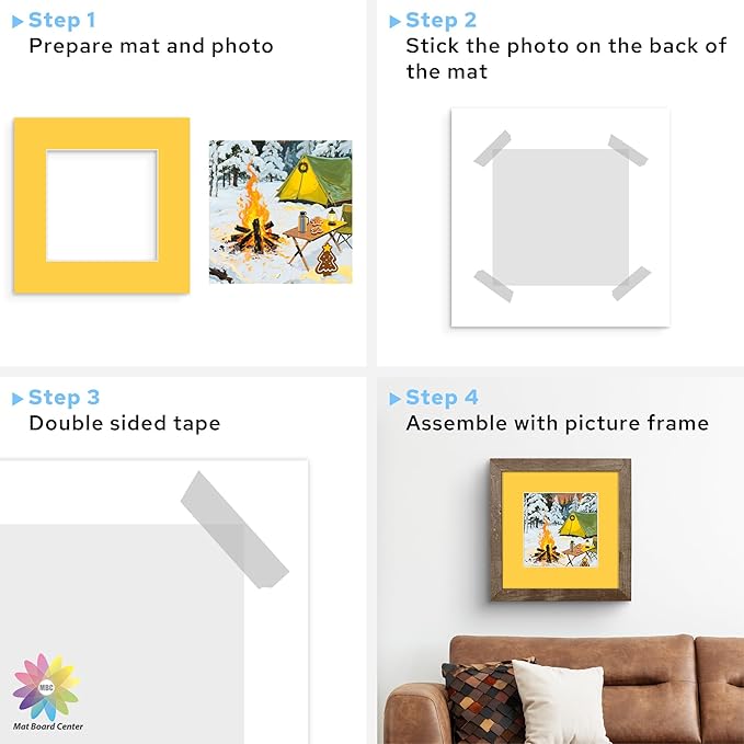 Mat Board Center, 12X12 Mix Color Mats for 8X8 Pictures - Acid Free, 4-Ply Thickness, White Core, Bevel Cut - for Artworks, Photos, Framing - Pack of 12