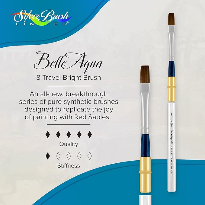 Silver Brush Limited 2802ST-8 BelleAqua Short Handle Bright Travel Brush with Soft Red Sable Synthetic Bristles, Professional Artist Watercolor Brush, Also for Acrylic, Gouache, Inks, & Dyes, Size 8