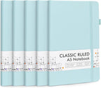 feela 5 Pack Notebooks Journals Bulk, Hardcover Notebook Classic Ruled Lined Journals with Pen Holder for Women Girls School Business Supplies, with 5 Black Pens, 120 GSM, 5.1”x8.3”, A5,Sky Blue
