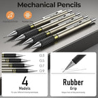Nicpro 37PCS Gold Art Mechanical Pencil Set, 4PCS Metal Drafting Pencil 0.3/0.5/0.7/0.9 mm & 2PCS 2mm Lead Holder (6B 4B 2B HB 2H 4H) School Supplies for Sketching Drawing with 23 Tube Lead Refills