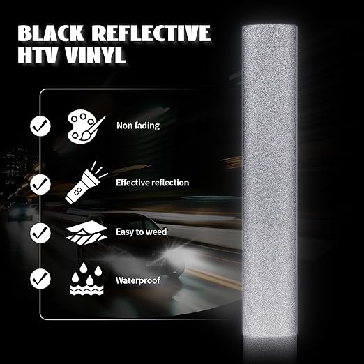 GIRAFVINYL Black Reflective Vinyl - 12" x 7' Iron on HTV for T-Shirt, Easy to Weed Heat Transfer Vinyl