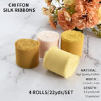 TONIFUL 4 Rolls Silk Chiffon Ribbon, 1-1/2 Inch x 22yds, Gold Chiffon Ribbons Set, Handmade Fringe Silk Ribbon for Gift Wrapping Bridal Bouquets Wedding Invitations Decoration Crafts