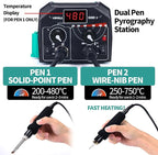 YIHUA 939D-II Pyrography Pen Wood Burning Kit Station 2-in-1 Solid-Point 200~480°C (with Temp Display)/Wire-Nib 250~750°C with 20 Nibs, Solid Points, 1 Stable Pen Holder, 2 Scrap Wood (Green)
