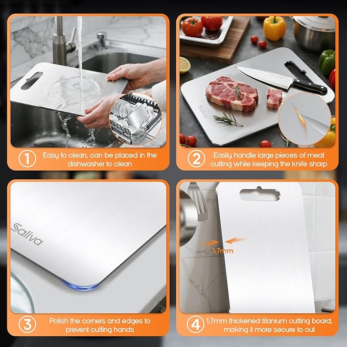 Saliva 3pcs Titanium Cutting Board for Kitchen, Titanium Cutting Boards Set of 3, Non Toxic Double Sided Food Grade, Dishwasher Safe, No Blunt Knife, Chopping Boards with Handle for Meat & Vegetable