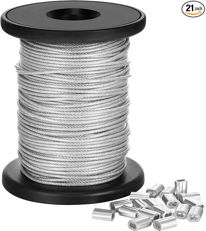 Chengu Vinyl Coated Picture Frame Hanging Wire, Stainless Steel Wire Spool with 20 Pieces Aluminum Crimping Loop Sleeve, Supports up to 110 Lbs (1.5 mm x 98 Feet)