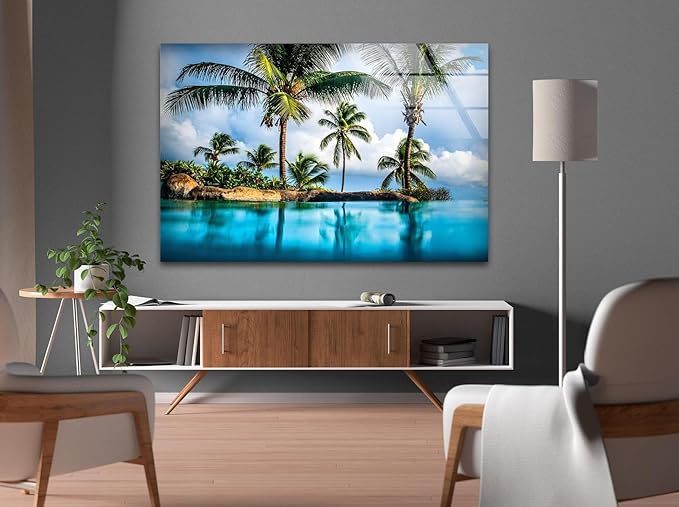 My Photostation.com 60WX40H'' Island & Blue Sea Glass Wall ArtTempered Glass Printing Wall Decor Large Wall Art Wall Hangings
