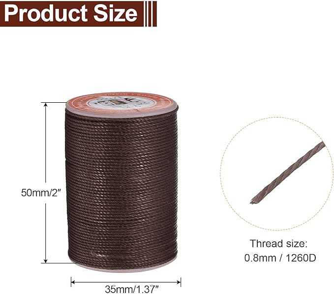 uxcell Round Leather Sewing Waxed Thread, 55m / 60 Yards Wax Polyester String, 0.8mm Waxed Stitching Cord for Leather Crafts, Bookbinding, Bracelets Braided, Coffee Brown