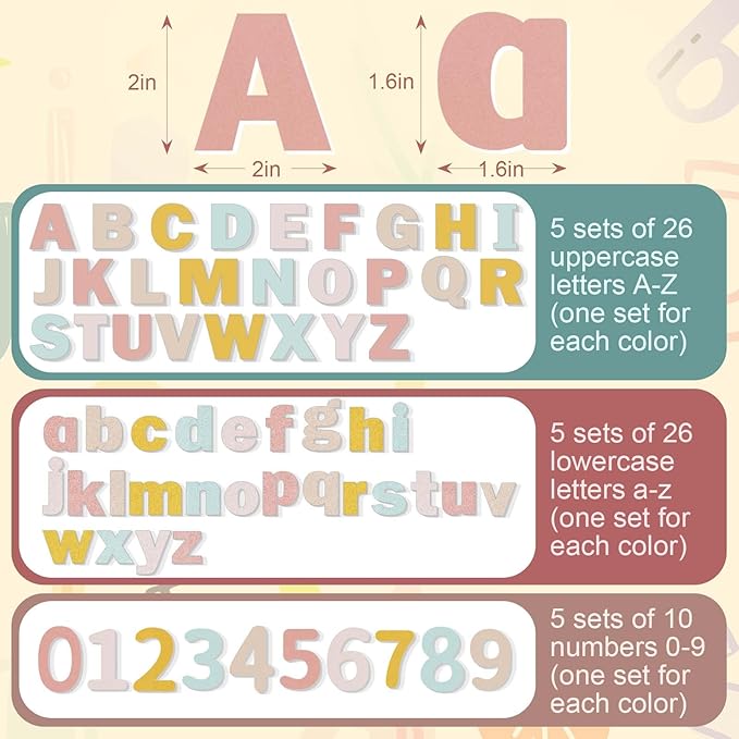 Breling 310 Pieces Felt Bulletin Board Letters Sticker with Number, 2" Bulk Self Adhesive ABC Upper Lowercase Sticky Letter for Christmas Gift Poster Bulletin Board Classroom(Boho Color)