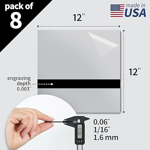 Trotec | Metallic Looking Acrylic Sheet | 12"x12"x1/16, 8 Pcs | Smooth Silver/Black | Metallic Finish - Scratch Resistant for Laser Engraving & Cutting,Printing,Glowforge,Name Plate | USA Made