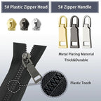 VICHERIA Zipper Repair Kit (45 Pcs), Universal Size #5 Zippers for Sewing, Replacement Slider Pull Fix Kit for Jackets, Coat, Boot, Backpack, Purse
