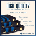 Get The Games Out Top Backgammon Set - Classic Board Game Case 15" Medium Size - Best Strategy & Tip Guide - Available in Small, Medium and Large Sizes (Blue, Medium)