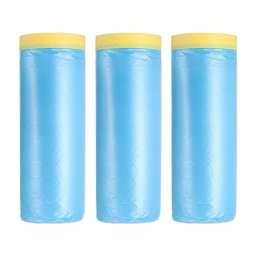 uxcell Pre-Taped Masking Film, 3.6ft x 66ft Plastic Paint Drop Cloth with Medium-Tack Painters Tape for Painting Spraying Protection Blue Film 3Pcs