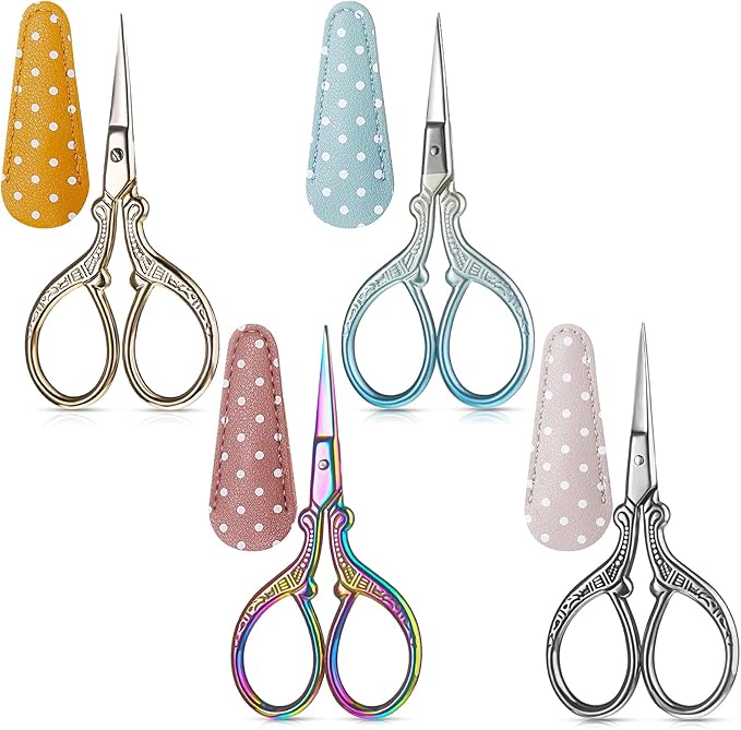 Honoson 4 Pcs Sewing Embroidery Scissors with 4 Pcs Artificial Leather Cover 3.6 Inch Stainless Steel Stork Scissors Vintage Embroidery for Needlework Manual Sewing Handicraft(Retro Colors)