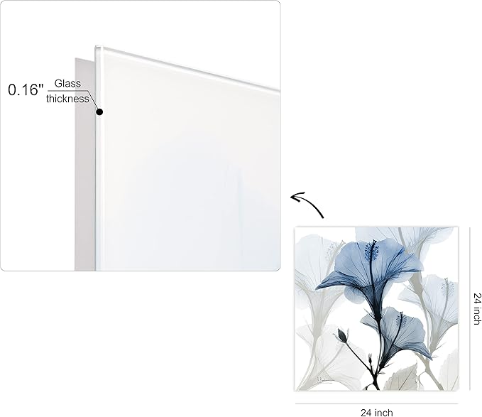 Empire Art Direct Frameless Free Floating Tempered Glass Panel Graphic Wall Art Ready to Hang, 24" x 24", Blue X-ray Floral, Flower wall art