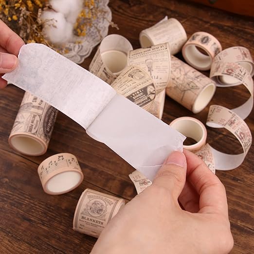 Dizdkizd Washi Tape Set, 12 Rolls Antique Masking Tape Washi Tape Map Newspaper Vintage Stickers Scrapbook Decorative Tape Bullet Journal Supplies Brown Junk Journal Supplies