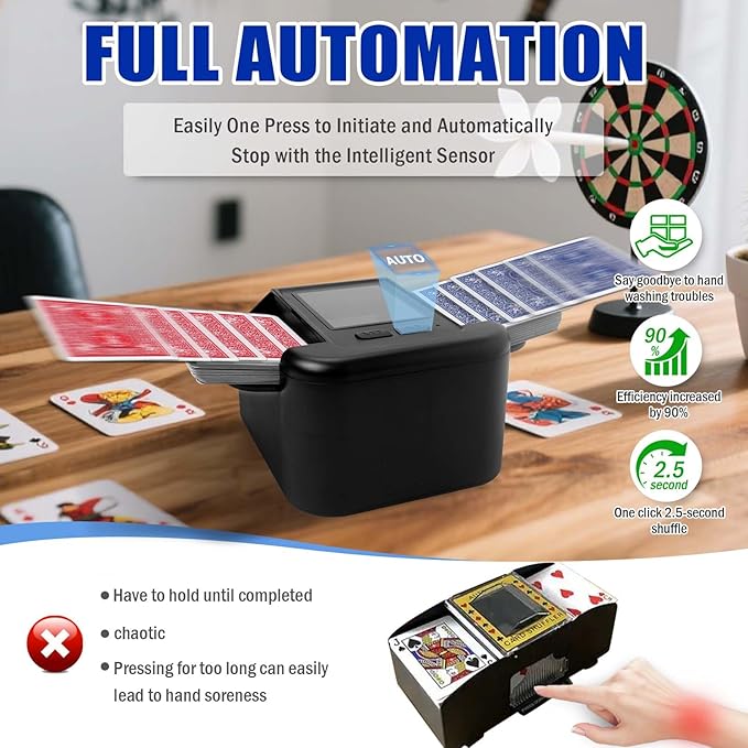 Automatic Card Shuffler 1-2 Decks with Auto & Manual Mode, Rechargeable Built-in 2000mAh Battery, Electric Playing Cards Shuffling Machine for Game Card Size Up to 2.5 x 3.6”(Black)