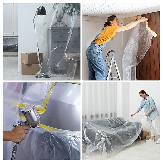 HARFINGTON 3 Rolls Pre-Taped Masking Film 177.2" x65.6ft Double Adhesive Tape and Drape Painters Plastic Drop Cloth Film with Tape Plastic Sheeting for Automotive Painting Covering