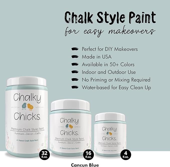 Chalky Chicks All-in-One Chalk Paint for Furniture or Cabinet - 16Fl Oz -Matte Finish Cancun Blue (Light Blue) for Metal, Wood Furniture Paint - No Sanding All-in-One for Home Decor & Crafts, USA Made