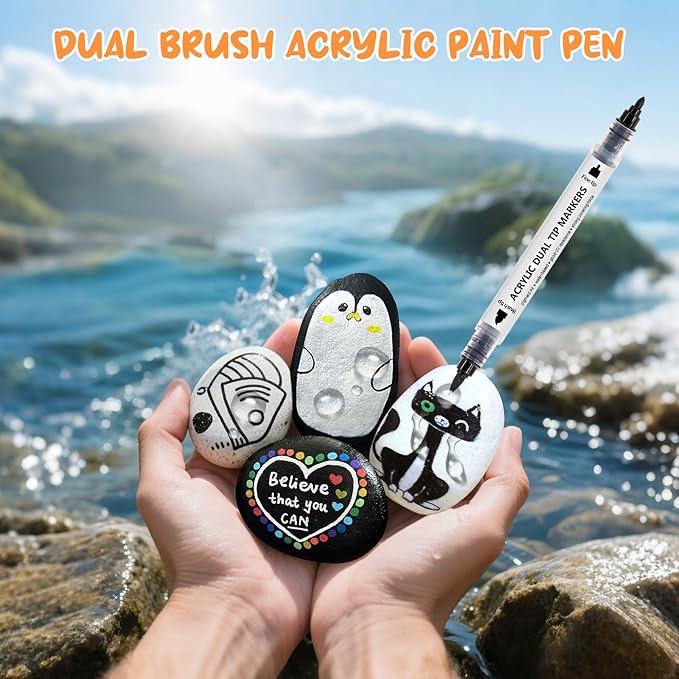 Black White Acrylic Paint Pen Brush, 6PCS Dual Tip Automatic Ink-control Acrylic Markers for Rocks, Metal, Glass, Wood, Fabric, Porcelain, Ceramic