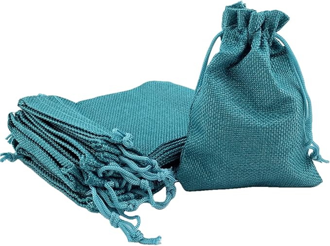 Palmhomee Pack of 25 Burlap Gift Bags with Drawstring Linen Jewelry Pouches Wedding Hessian Jute Bags for Birthday and Treat Pouches Party Wedding Favors Gift (4x5.6 Inch, Peacock Blue)
