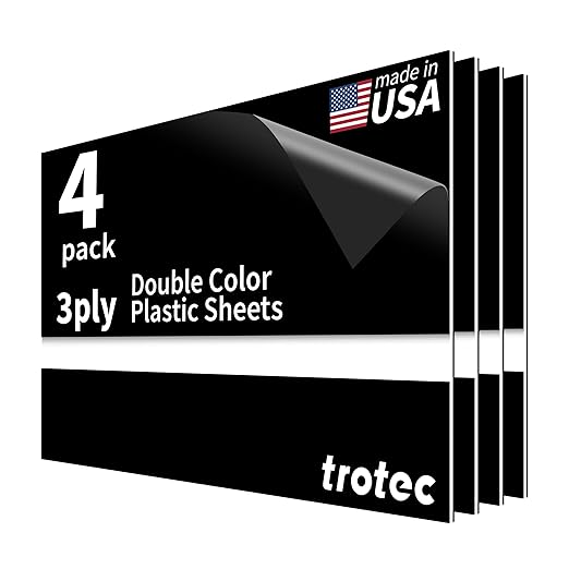 Trotec TroLase | 12"x20"x1/16", 4 Pcs | Black/White/Black | 3 Ply | Modified Acrylic | Laser Engraving Double Color Plastic Sheet | Engraving Blanks for Laser, Saw, Guillotine | Made in USA