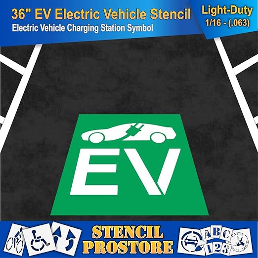 Pavement Stencils - 36 in - Electric Vehicle Silhouette with Plug and EV Letters - 35'' x 41'' x 1/16" (63 mil) - Light-Duty