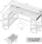 SUPERJARE 53 inch Reversible L Shaped Desk with LED Lights & Power Outlets, Computer Desk with Shelves & Monitor Stand, Gaming Desk with Drawer, Home Office Desk Corner Desk, PU White Drawer