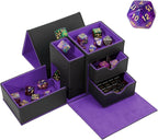 Leather Dice Tray & Tower Storage Box, 3 in 1 Dice Holder Case (Rolling Tray, Tower, Storage Drawers), Magnetic Closure DND Accessories Gifts for RPG MTG, Black/Violet