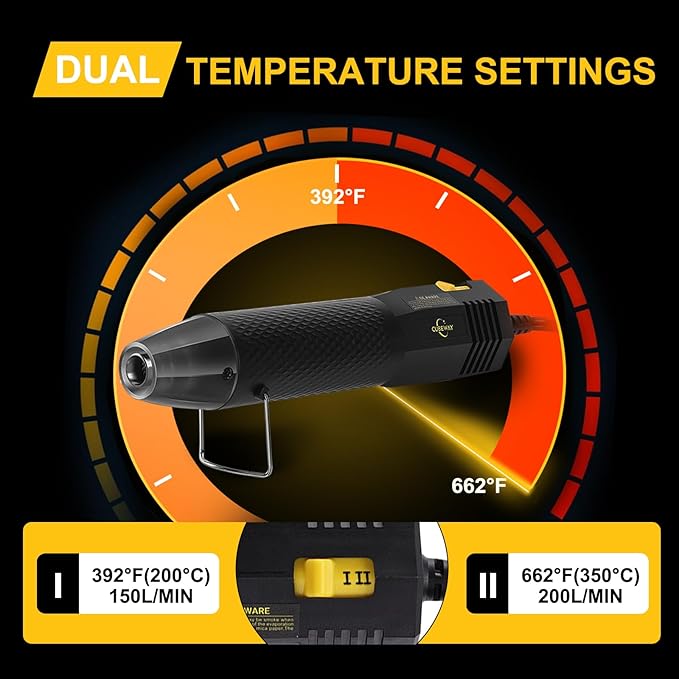 Mini Heat Gun with 6.56FT Long Cable, CUBEWAY 350W Dual-Temp 392~662°F Heat Shrink Gun with Reflector Nozzle and Shrinking Tubes for Wire Connectors, Small Hot Air Gun for Embossing Crafts