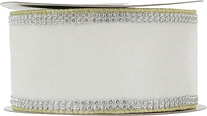 MEEDEE Gold & White Velvet with Rhinstone Edge Wired Ribbon 2.5 Inch Luxury Jeweled Ribbon 5 Yards Sparkling Rhinestone Trim for Christmas Tree, Garland, Wreaths, Holiday Home Decor, Wedding Decor