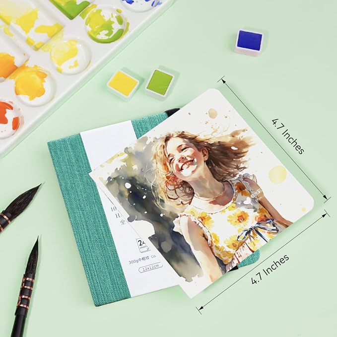 Lightwish Square Watercolor Journal,100% Cotton,300gsm/140lb,Acid-Free,24 Sheets Cold Press Watecolor Paper Sketchbook for Artists Adults Students,4.7 * 4.7 Inches