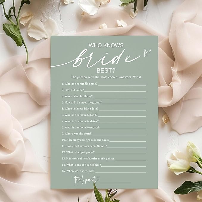 Bridal Shower Games Cards, 25 Guests, Modern, Green, Educational, Adult, Manual, English, 5 x 7 inches