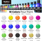 Nicpro 18 Colors 8.45oz Metallic Acrylic Pour Paint Supplies Kit, Large Volume Ready to Pour Premixed High Flow Pouring Paint Set with Silicone Pouring Oil, Gloves, Instructions for Beginner DIY