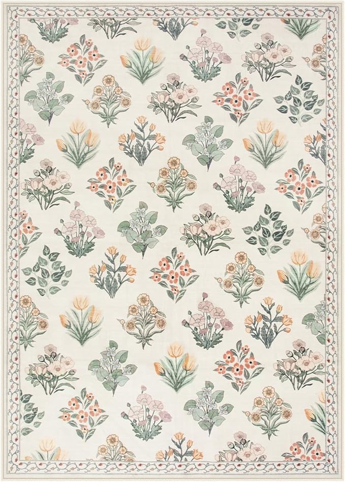 Wonnitar Nursery Rug for Baby Girl, Washable Moroccan Floral 5x7 Rug, Ultra-Thin Non Slip Neutral Flower Print Carpet for Living Room Kids Room Dorm Home Decor, Cream Beige