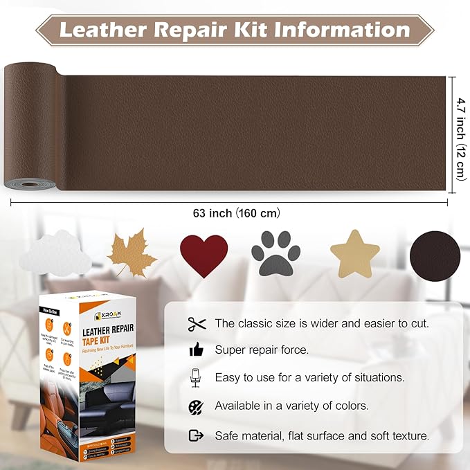 Leather Repair Tape, 4.7x63 inch Leather Patches for Furniture, Self Adhesive Leather Repair Patch for Sofas, Couches, Leather Covers, Seats, Chairs, Vinyl Repair Tape Red-Fine Grain