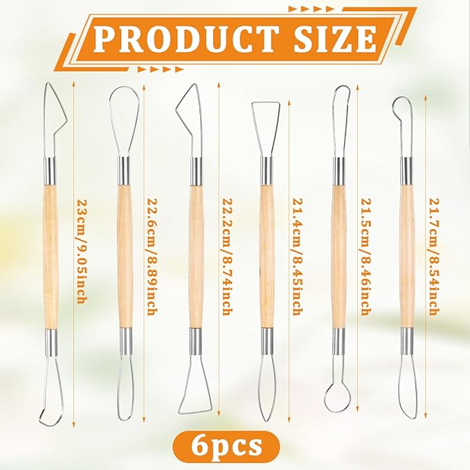6Pcs Clay Sculpting Tools Ceramic Pottery Clay Ribbon Sculpting Tools Wooden Handle Sculpting Tools Kit Pottery Trimming Detail Tool Wire Loop Sculpture Set for Wax Carving Modeling