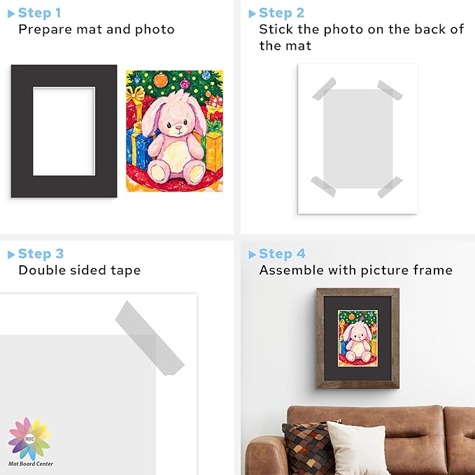 Mat Board Center, 8X10 Black Mats for 5X7 Pictures - Acid Free, 4-Ply Thickness, White Core, Bevel Cut - for Artworks, Photos, Framing - Pack of 12